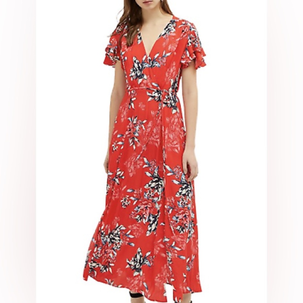 NWT French Connection Women’s Coletta Crepe Midi Tea Dress Bright Flame Multi